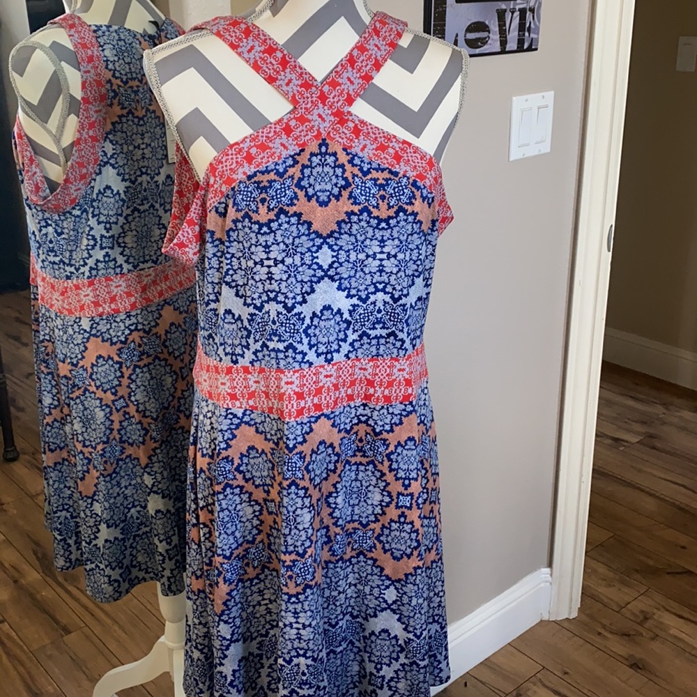 BCBG size large fun blue, orange and tan dress.